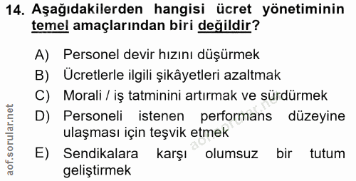 14. soru: Aşağıdakilerden hangisi ücret yönetiminin temel amaçlarından biri değildir? A) Personel devir hızını düşürmek B) Ücre…