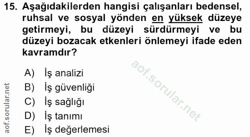 15. soru: Aşağıdakilerden hangisi çalışanları bedensel, ruhsal ve sosyal yönden en yüksek düzeye getirmeyi, bu düzeyi sürdürmey…
