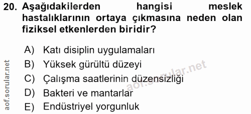 20. soru: Aşağıdakilerden hangisi meslek hastalıklarının ortaya çıkmasına neden olan fiziksel etkenlerden biridir? A) Katı disi…