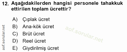 12. soru: Aşağıdakilerden hangisi personele tahakkuk ettirilen toplam ücrettir? A) Çıplak ücret B) Ana-kök ücret C) Brüt ücret…