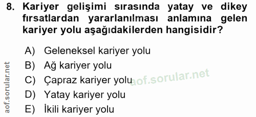 8. soru: Kariyer gelişimi sırasında yatay ve dikey fırsatlardan yararlanılması anlamına gelen kariyer yolu aşağıdakilerden han…
