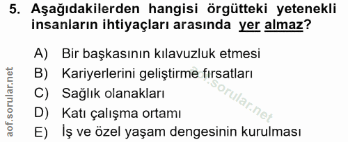 5. soru: Aşağıdakilerden hangisi örgütteki yetenekli insanların ihtiyaçları arasında yer almaz? A) Bir başkasının kılavuzluk e…
