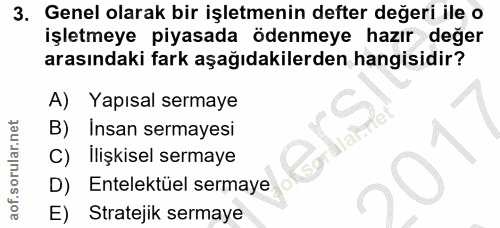 3. soru: Genel olarak bir işletmenin defter değeri ile o işletmeye piyasada ödenmeye hazır değer arasındaki fark aşağıdakilerd…