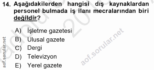 14. soru: Aşağıdakilerden hangisi dış kaynaklardan personel bulmada iş ilanı mecralarından biri değildir? A) Işletme gazetesi B…