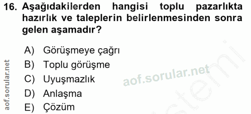 16. soru: Aşağıdakilerden hangisi toplu pazarlıkta hazırlık ve taleplerin belirlenmesinden sonra gelen aşamadır? A) Görüşmeye ç…
