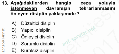 13. soru: Aşağıdakilerden hangisi ceza yoluyla istenmeyen davranışın tekrarlanmasını önleyen disiplin yaklaşımıdır? A) Düzeltic…