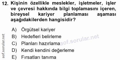 12. soru: Kişinin özellikle meslekler, işletmeler, işler ve çevresi hakkında bilgi toplamasını içeren, bireysel kariyer planlam…