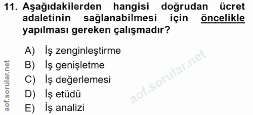 11. soru: Aşağıdakilerden hangisi doğrudan ücret adaletinin sağlanabilmesi için öncelikle yapılması gereken çalışmadır? A) İş z…