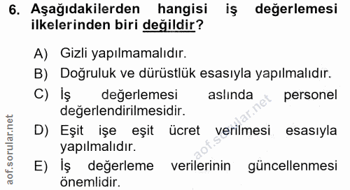 6. soru: Aşağıdakilerden hangisi iş değerlemesi ilkelerinden biri değildir? A) Gizli yapılmamalıdır. B) Doğruluk ve dürüstlük…