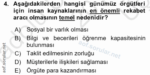 4. soru: Aşağıdakilerden hangisi günümüz örgütleri için insan kaynaklarının en önemli rekabet aracı olmasının temel nedenidir?…