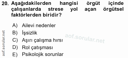 20. soru: Aşağıdakilerden hangisi örgüt içinde çalışanlarda strese yol açan örgütsel faktörlerden biridir? A) Ailevi nedenler B…