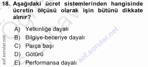 18. soru: Aşağıdaki ücret sistemlerinden hangisinde ücretin ölçüsü olarak işin bütünü dikkate alınır? A) Yetkinliğe dayalı B) B…