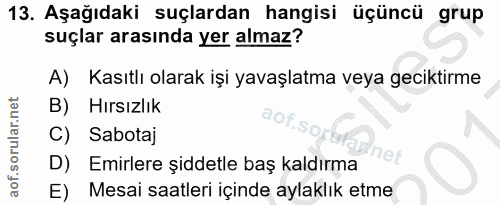 13. soru: Aşağıdaki suçlardan hangisi üçüncü grup suçlar arasında yer almaz? A) Kasıtlı olarak işi yavaşlatma veya geciktirme B…