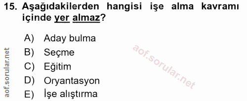 15. soru: Aşağıdakilerden hangisi işe alma kavramı içinde yer almaz? A) Aday bulma B) Seçme C) Egitim D) Oryantasyon E) İşe alı…
