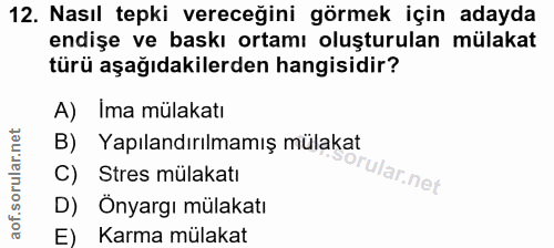 12. soru: Nasıl tepki vereceğini görmek için adayda endişe ve baskı ortamı oluşturulan mülakat türü aşağıdakilerden hangisidir?…