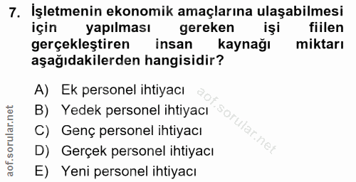 7. soru: İşletmenin ekonomik amaçlarına ulaşabilmesi için yapılması gereken işi fiilen gerçekleştiren insan kaynağı miktarı aş…