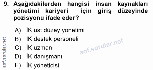 9. soru: Aşağıdakilerden hangisi insan kaynakları yönetimi kariyeri için giriş düzeyinde pozisyonu ifade eder? A) IK üst düzey…