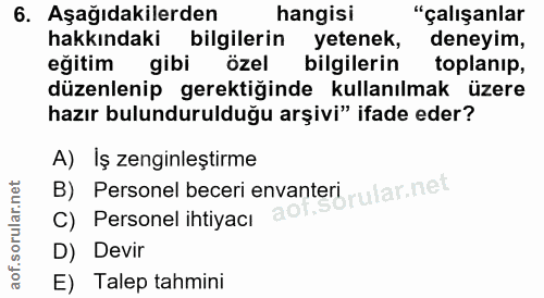 6. soru: Aşağıdakilerden hangisi "çalışanlar hakkındaki bilgilerin yetenek, deneyim, eğitim gibi özel bilgilerin toplanip, düz…