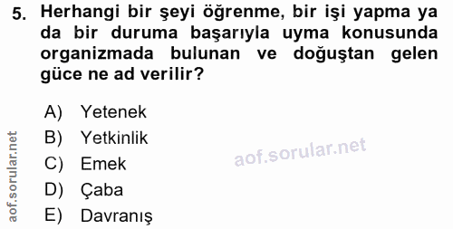 5. soru: Harbir gi birsaybagaıyma u bima koaunarya organizmada bulunan ve doğuştan gelen güce ne ad verillir? A) Yetenek B) Ye…