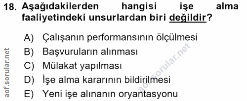 18. soru: Aşağıdakilerden hangisi işe alma faaliyetindeki unsurlardan biri değildir? A) Çalışanın performansının ölçülmesi B) B…
