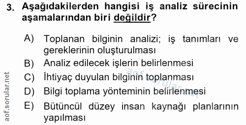3. soru: Aşağıdakilerden hangisi iş analiz sürecinin aşamalarından biri değildir? A) Toplanan bilginin analizi; iş tanımları v…