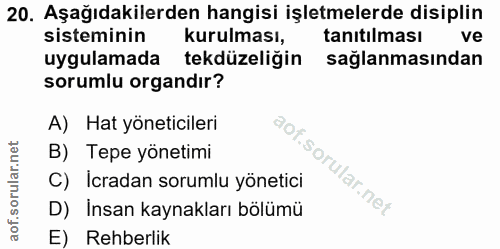 20. soru: Aşağıdakilerden hangisi işletmelerde disiplin sisteminin kurulması, tanıtılması ve uygulamada tekdüzeliğin sağlanması…