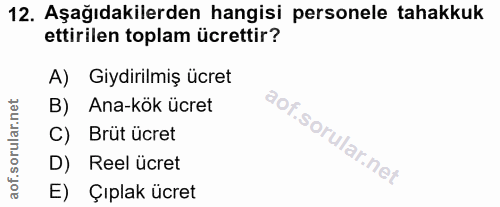 12. soru: Aşağıdakilerden hangisi personele tahakkuk ettirilen toplam ücrettir? A) Giydirilmiş ücret B) Ana-kök ücret C) Brüt ü…