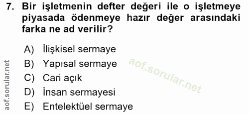 7. soru: Bir işletmenin defter değeri ile o işletmeye piyasada ödenmeye hazır değer arasındaki farka ne ad verilir? A) Ilişkis…
