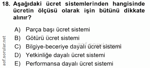 18. soru: Aşağıdaki ücret sistemlerinden hangisinde ücretin ölçüsü olarak işin bütünü dikkate alınır? A) Parça başı ücret siste…