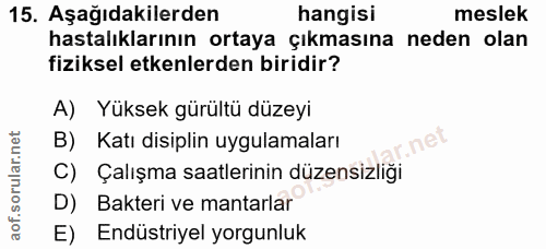 15. soru: Aşağıdakilerden hangisi meslek hastalıklarının ortaya çıkmasına neden olan fiziksel etkenlerden biridir? A) Yüksek gü…