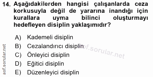 14. soru: Aşağıdakilerden hangisi çalışanlarda ceza korkusuyla değil de yararına inandığı için kurallara uyma bilinci oluşturma…