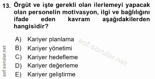 13. soru: Örgüt ve işte gerekli olan ilerlemeyi yapacak olan personelin motivasyon, ilgi ve bağlılığını ifade eden kavram aşağı…