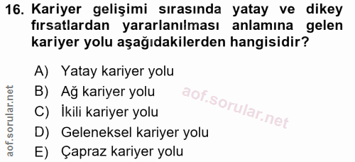 16. soru: Kariyer gelişimi sırasında yatay ve dikey fırsatlardan yararlanılması anlamına gelen kariyer yolu aşağıdakilerden han…