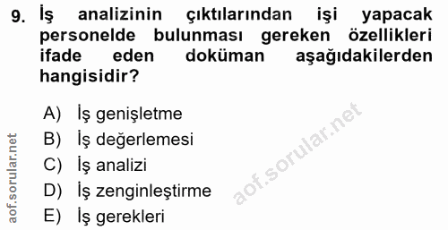 9. soru: İş analizinin çıktılarından işi yapacak personelde bulunması gereken özellikleri ifade eden doküman aşağıdakilerden h…
