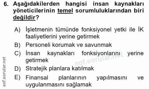 6. soru: Aşağıdakilerden hangisi insan kaynakları yöneticilerinin temel sorumluluklarından biri değildir? A) İşletmenin tümünd…