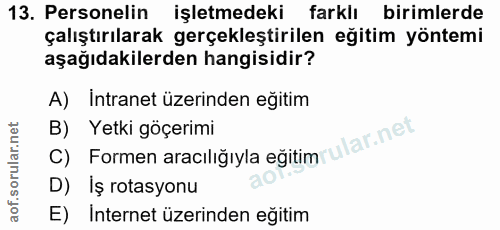 13. soru: Personelin işletmedeki farklı birimlerde çalıştırılarak gerçekleştirilen eğitim yöntemi aşağıdakilerden hangisidir? A…