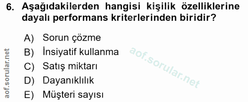 6. soru: Aşağıdakilerden hangisi kişilik özelliklerine dayalı performans kriterlerinden biridir? A) Sorun çözme B) Insiyatif k…