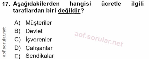 17. soru: Aşağıdakilerden hangisi ücretle ilgili taraflardan biri değildir? A) Müşteriler B) Devlet C) Işverenler D) Çalışanlar…
