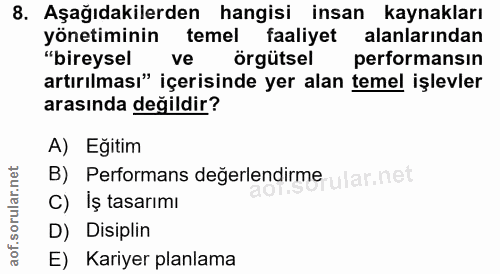 8. soru: Aşağıdakilerden hangisi insan kaynakları yönetiminin temel faaliyet alanlarından "bireysel ve örgütsel performansın a…