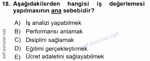 18. soru: Aşağıdakilerden hangisi değerlemesi yapılmasının ana sebebidir? A) İş analizi yapabilmek B) Performansı anlamak f. C)…