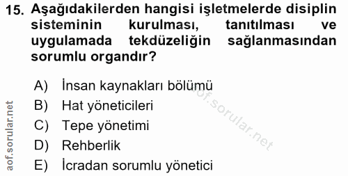 15. soru: Aşağıdakilerden hangisi işletmelerde disiplin sisteminin kurulması, tanıtılması ve uygulamada tekdüzeliğin sağlanması…