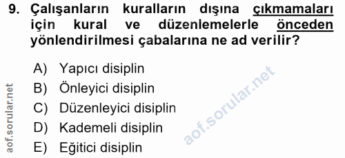 9. soru: Çalışanların kuralların dışına çıkmamaları için kural ve düzenlemelerle önceden yönlendirilmesi çabalarına ne ad veri…