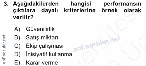 3. soru: Aşağıdakilerden hangisi performansın çıktılara dayalı kriterlerine örnek olarak verilir? A) Güvenilirlik B) Satış mik…