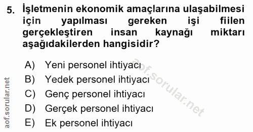 5. soru: İşletmenin ekonomik amaçlarına ulaşabilmesi için yapılması gereken işi fiilen gerçekleştiren insan kaynağı miktarı aş…