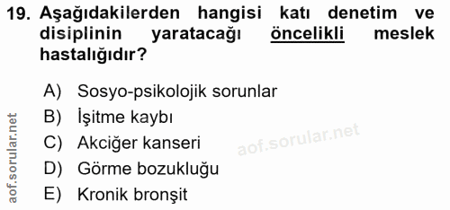 19. soru: Aşağıdakilerden hangisi katı denetim ve disiplinin yaratacağı öncelikli meslek hastalığıdır? A) Sosyo-psikolojik soru…
