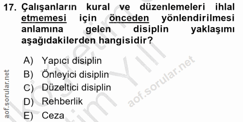17. soru: Çalışanların kural ve düzenlemeleri ihlal etmemesi için önceden yönlendirilmesi anlamına gelen disiplin yaklaşımı aşa…