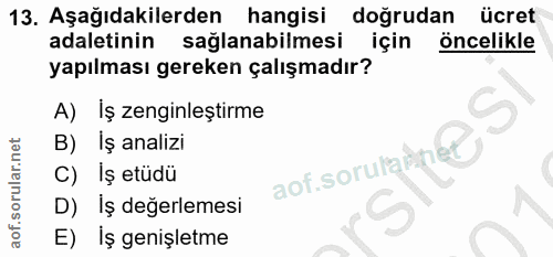 13. soru: Aşağıdakilerden hangisi doğrudan ücret adaletinin sağlanabilmesi için öncelikle yapılması gereken çalışmadır? A) İş z…