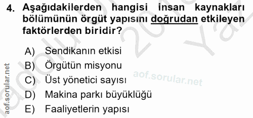 4. soru: Aşağıdakilerden hangisi insan kaynakları bölümünün örgüt yapısını doğrudan etkileyen faktörlerden biridir? A) Sendika…