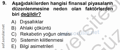 9. soru: Aşağıdakilerden hangisi finansal piyasaların düzenlenmesine neden olan faktörlerden biri değildir? A) Dışsallıklar B)…