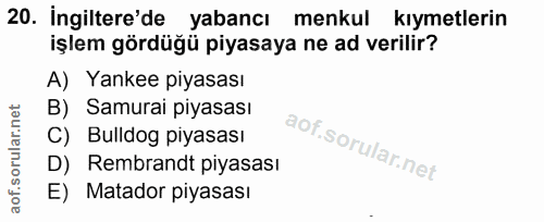20. soru: İngiltere'de yabancı menkul kıymetlerin işlem gördüğü piyasaya ne ad verilir? A) Yankee piyasası B) Samurai piyasası…